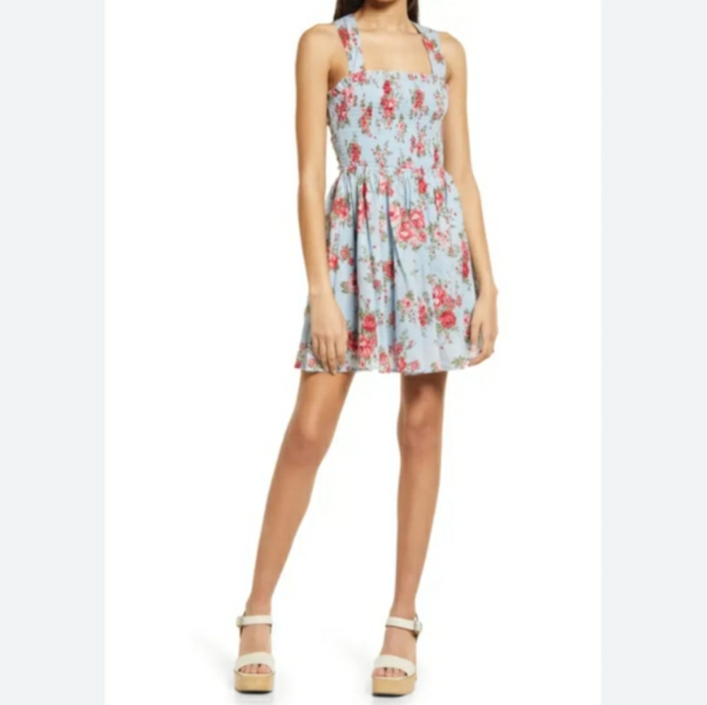 NSR Rose Floral Print Smocked X Back Mini Dress Size Medium Pink Blue